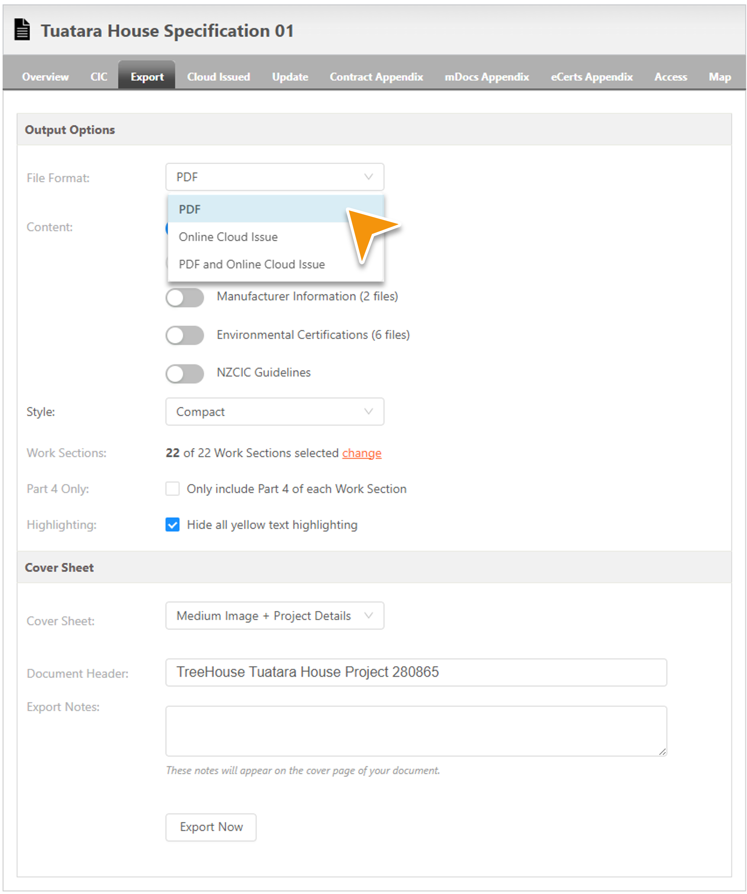 Export Specification Screenshot